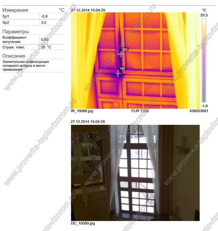 Пример отчёта по тепловизионному обследованию, лист 10: термограмма, фотография объекта и результаты измерений